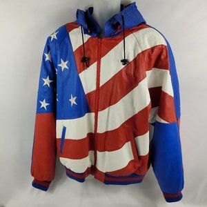 USA United States Flag Vintage Leather Full-Zip Hooded Jacket by Speedy Mens XL